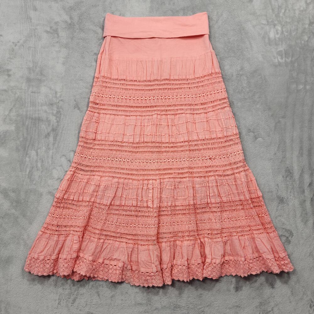 Vintage Cute Options Skirt Womens S Pink Coral Peasant Tiered Lace Maxi Boho